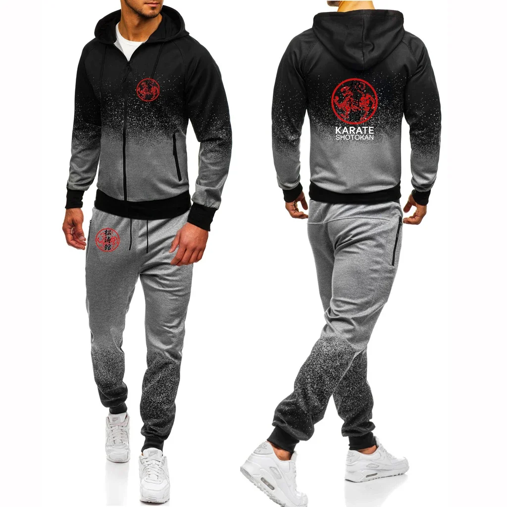 Shotokan Karate 2024 Men's New Gradient Color Fashion Print Zipper Jacket Hoodie Tops + Drawstring Pants Leisure Two Pieces Suit