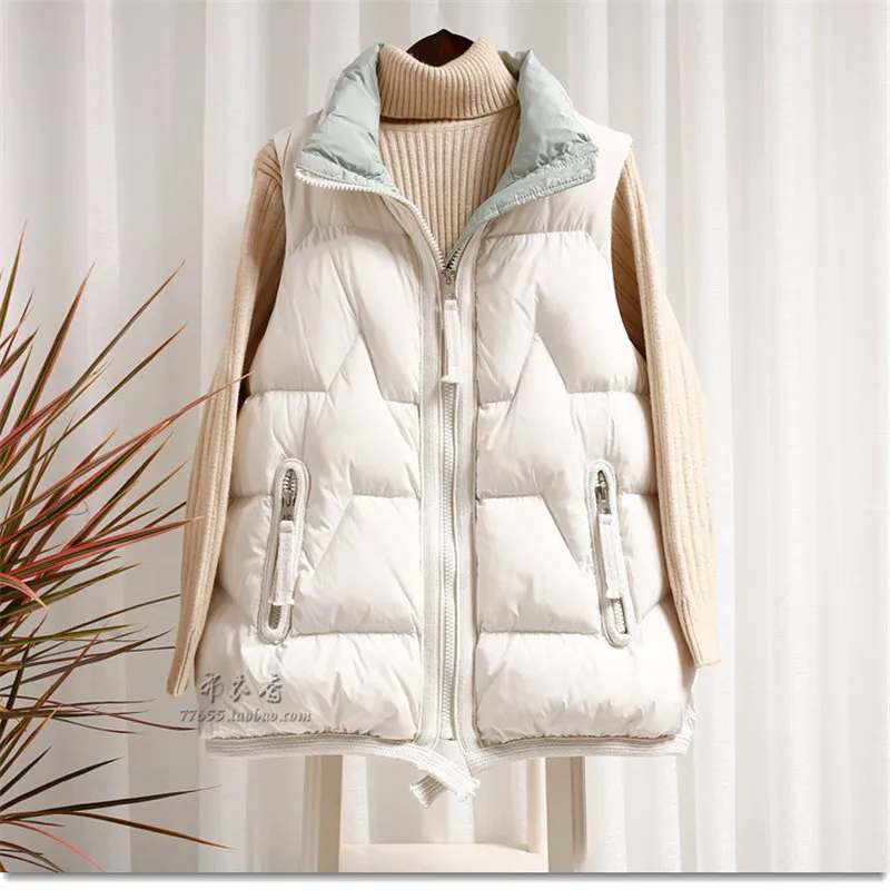 Autumn Winter Women Down Vest Jakcet Warm Thicken White Duck Down Vest Coat Female Loose Stand Collar Sleeveless Tank Waistcoat