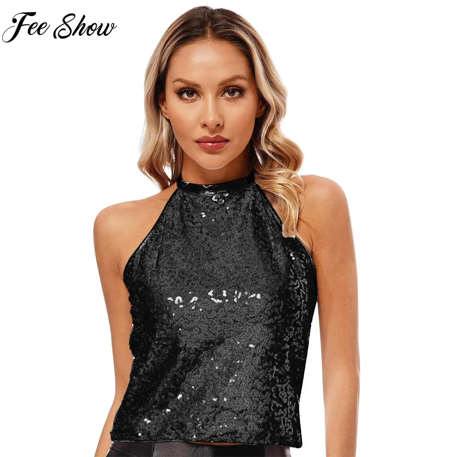 

Womens Halter Tank Top Sparkling Sequins Backless Sleeveless Tops for Club Pole Dancing Stage Performance Jazz Dance Costume