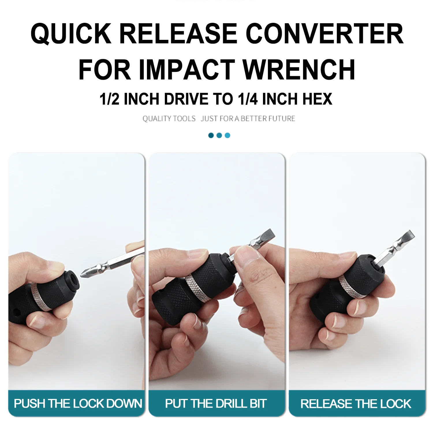 Quick Release 1/2-Inch Square Drive to 1/4-Inch Hex Female Socket Adapter Converter Chuck Adapter for Impact and Ratchet Wrench