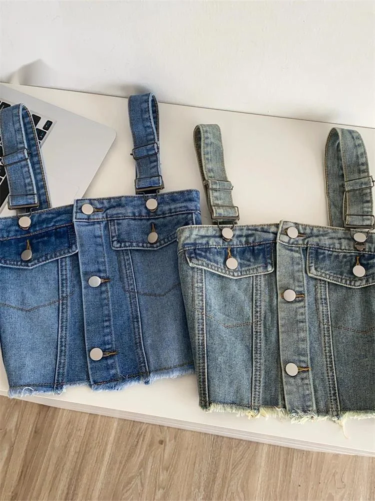 Hotsweet Denim Tank Top Women Metal Button Raw Hem Slim Sling Weekend Holiday Tops Summer Clean Girl Edgy Casual Camis