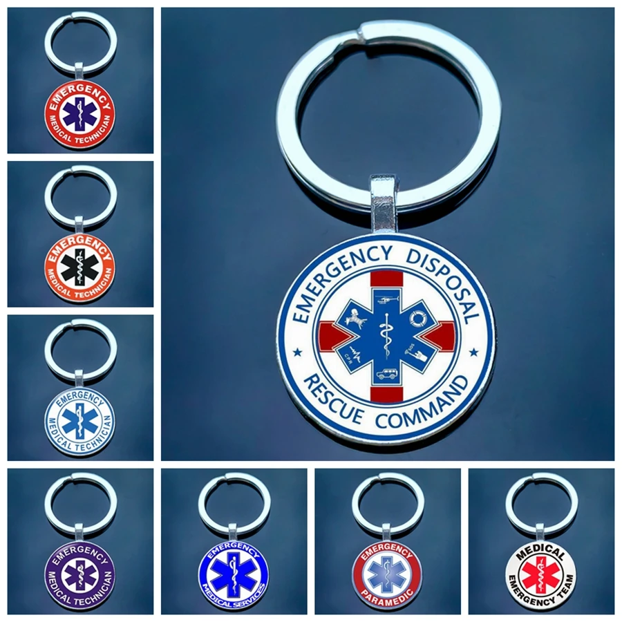 Emergency medical technicians keychain male and female medical alarm glass circular keyring doctor and nurse gift jewelry