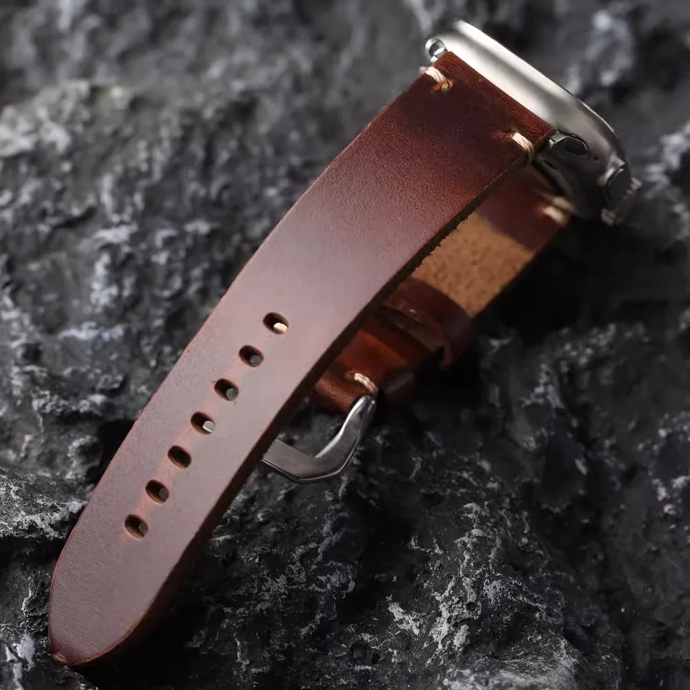 Handmade Top Layer Cowhide Strap 44MM 45MM 49MM Suitability For Apple Watch S9 Ultra2 Brown Thick and Durable Leather Bracelet