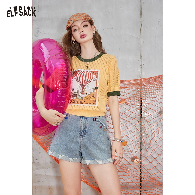 ELFSACK 2024 Summer New Arrivals High waisted A-line washed denim jeans, women's colorful button down brushed shorts