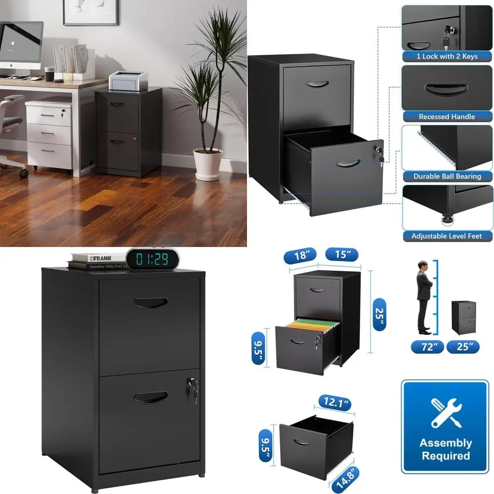 

Black Metal 2-Drawer Lockable Filing Cabinet, Compact for Home Office, Letter Size, Under Desk, Assembly Needed