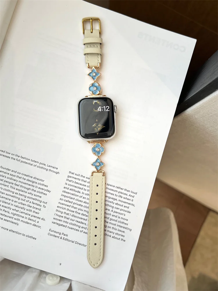Pulseira de Couro para Apple Watch, Flor de Metal, Elegante, Mulheres de Luxo para iWatch 49Ultra, 9, 8, 7, SE, 6, 5, 4, 3, 41mm, 45 milímetros, 40 milímetros, 44 milímetros
