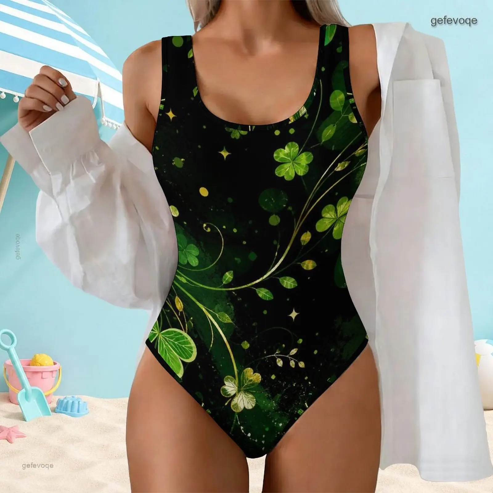 Women Swimsuit with Print Scoop Neck Wide Straps One Piece High Cut