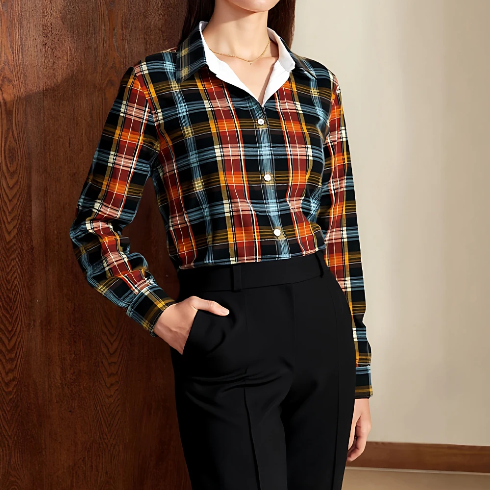 

Mia Muse Select Autumn Shirts 2025 Women's Elegant Plaid Long Sleeve Shirt Collar Fitting Slim Office Lady Shirts