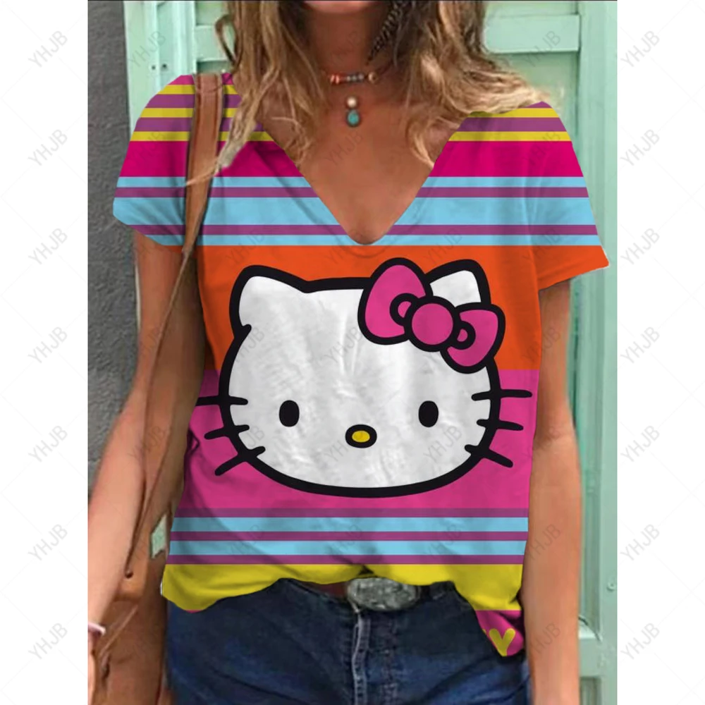 2025 Cartoon Hello Kitty 3D Stampa T-shirt a maniche corte Donna Estate Moda Per il tempo libero Con scollo a V Magliette larghe Estate Y2K Stile