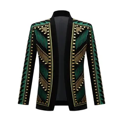 Luxury Embroidery Cardigan Blazer Tuxedo Men Shawl Lapel Slim Stripes Suit Jackets Male Party Prom Wedding Coat Singer Costume