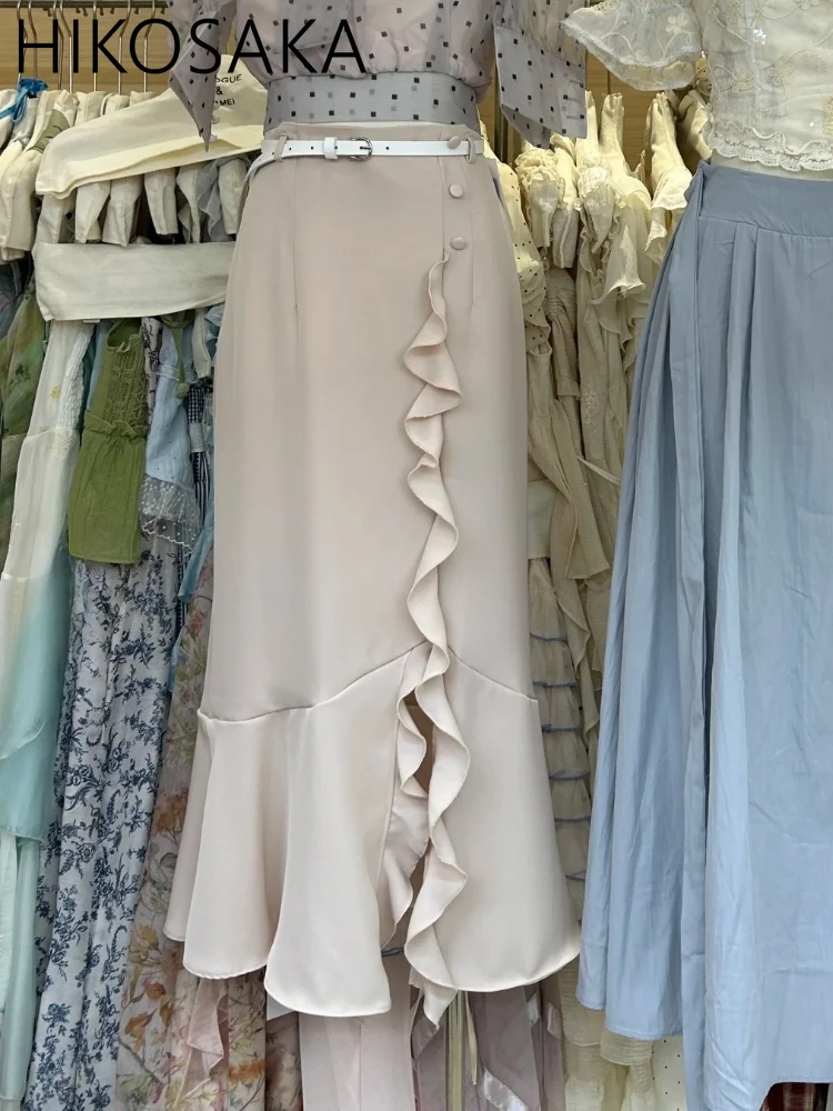 

Винтажные тонкие женские юбки с высокой талией и оборками, нерегулярные облегающие юбки Faldas Mujer, элегантные однотонные темпераментные юбки в японском стиле, женские юбки
