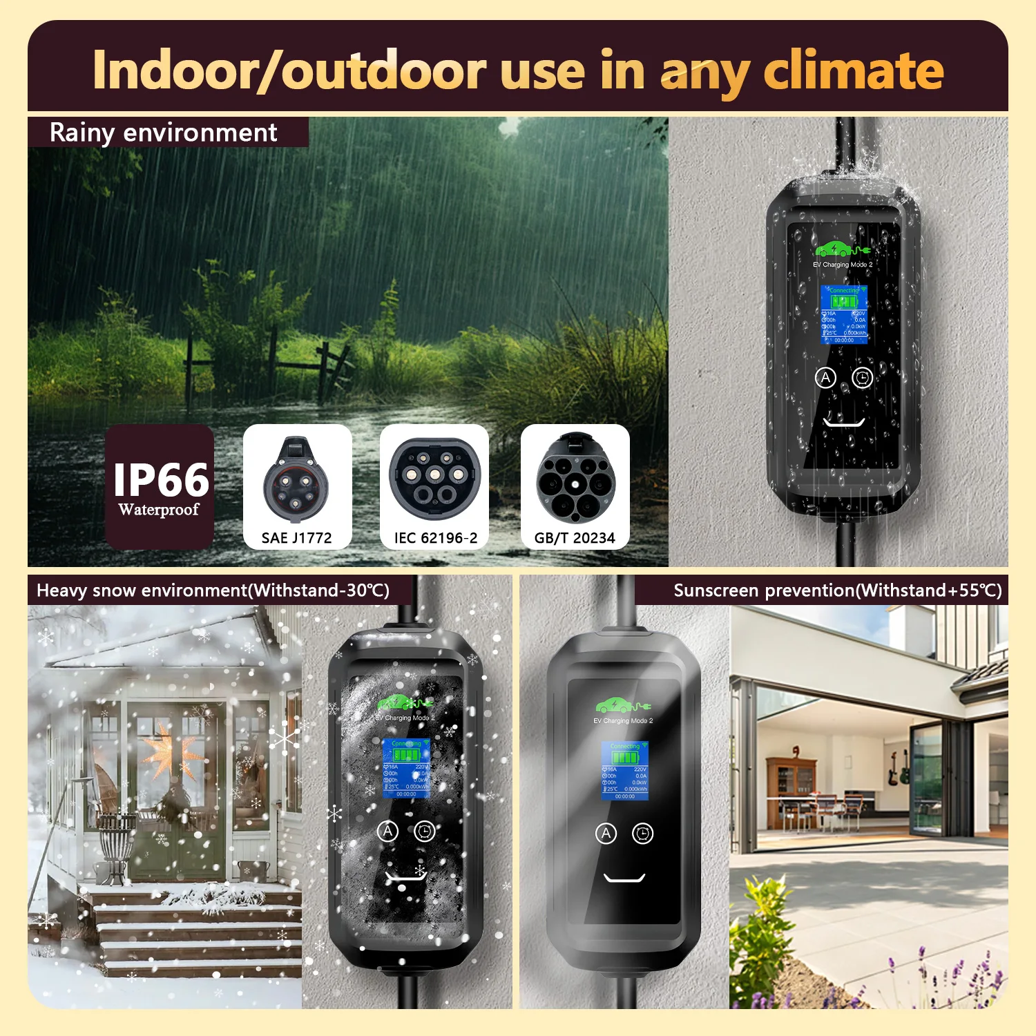 EV شاحن محمول Type2 / GB/T موصل قابس 16A 1 المرحلة 3.5KW Type1 3.5m محطة شحن صندوق الحائط للمركبات الكهربائية #4