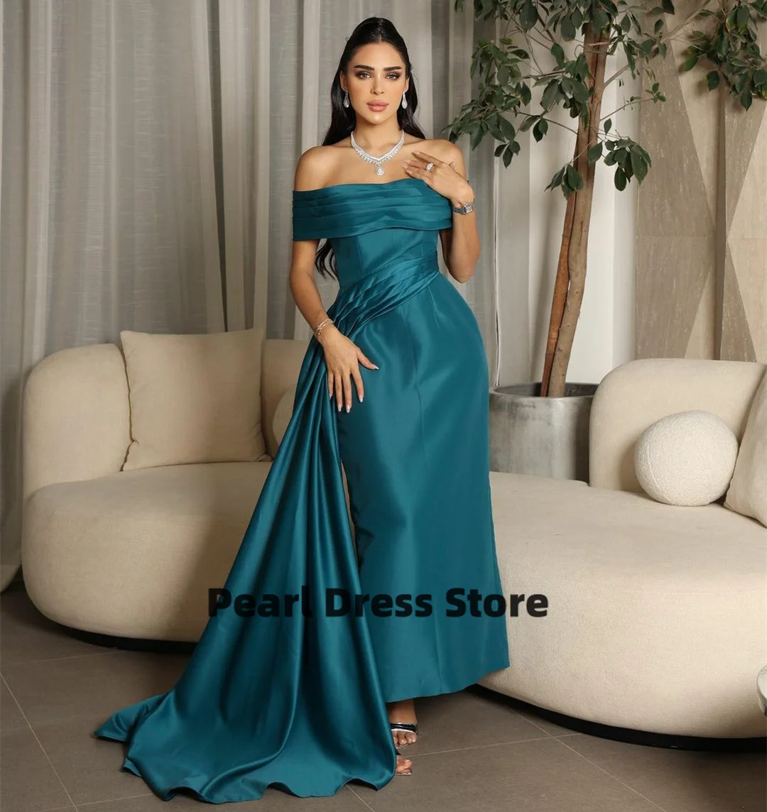 

Elegant Long Boat Neck Green Evening Dress With Side Train فساتين السهرة Sheath Satin Pleated Prom Dress Ankle Length for Women