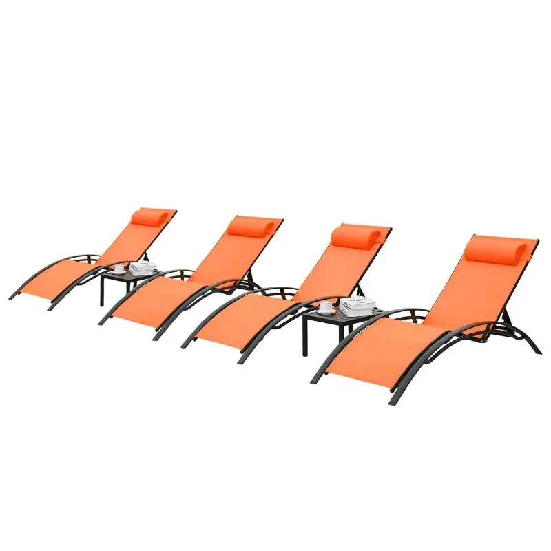 3 pcs Poolchairs Patio Chaise Lounge Set with Headrest, 5-Level Adjustable Sunbathing Tanning Poolside Lounger