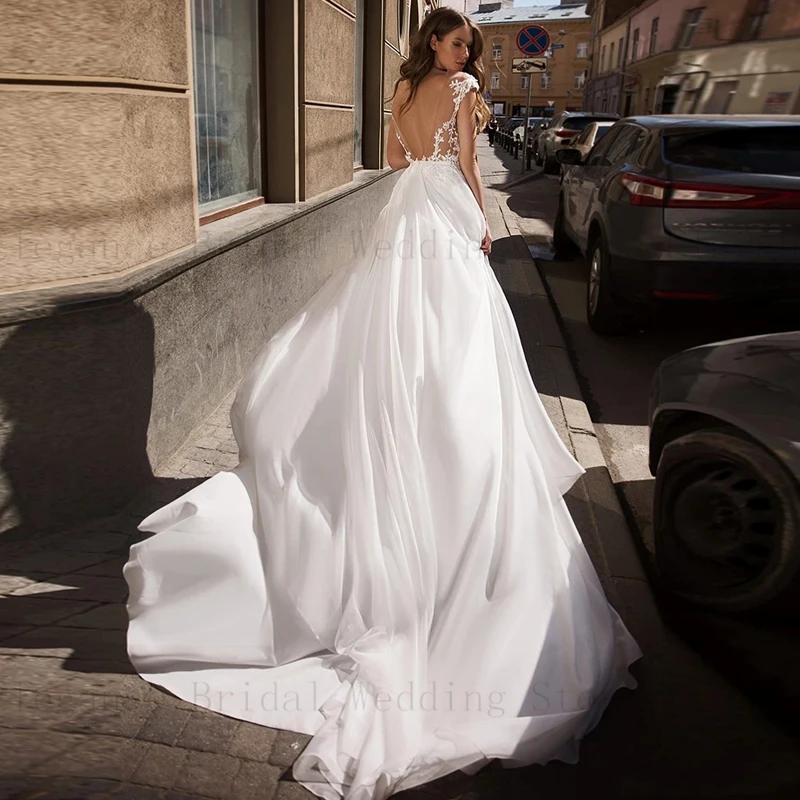 Vestido de novia de manga corta con encaje largo para mujer, traje elegante con abertura hasta el suelo, tul, corte en A, espalda descubierta