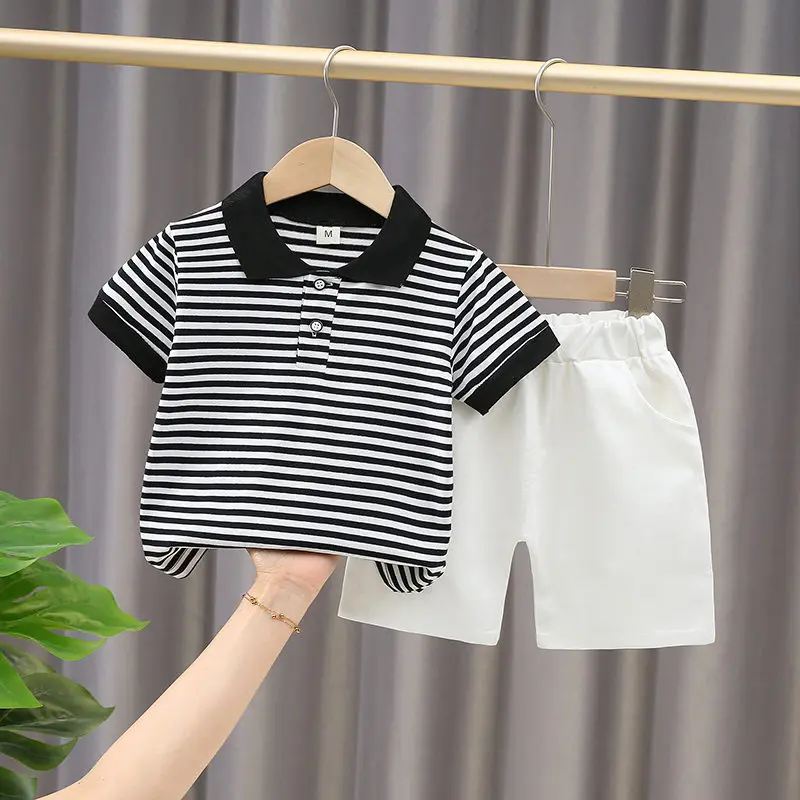 New Baby Boys Girls Summer Outwear Cotton Strips Sports Suit Infant T Shirt Shorts Children Clothing Tracksuits Sets Outwear