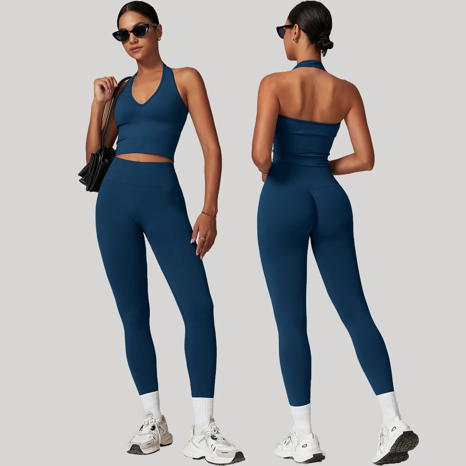 Seamless Backless Exercise Suit Women Threaded Waist Lift Hip Yoga Pants Set Running Breathable Quick Dry Fitness Yoga Clothing