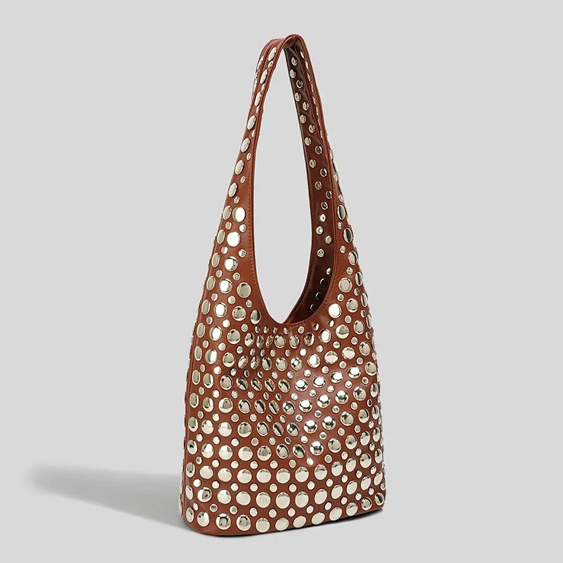 PU Hasp Sequined Shoulder Bags Large Capacity Personality 2025 Fashion Bags for Women Rivets Solid Niche Shoulder Bags