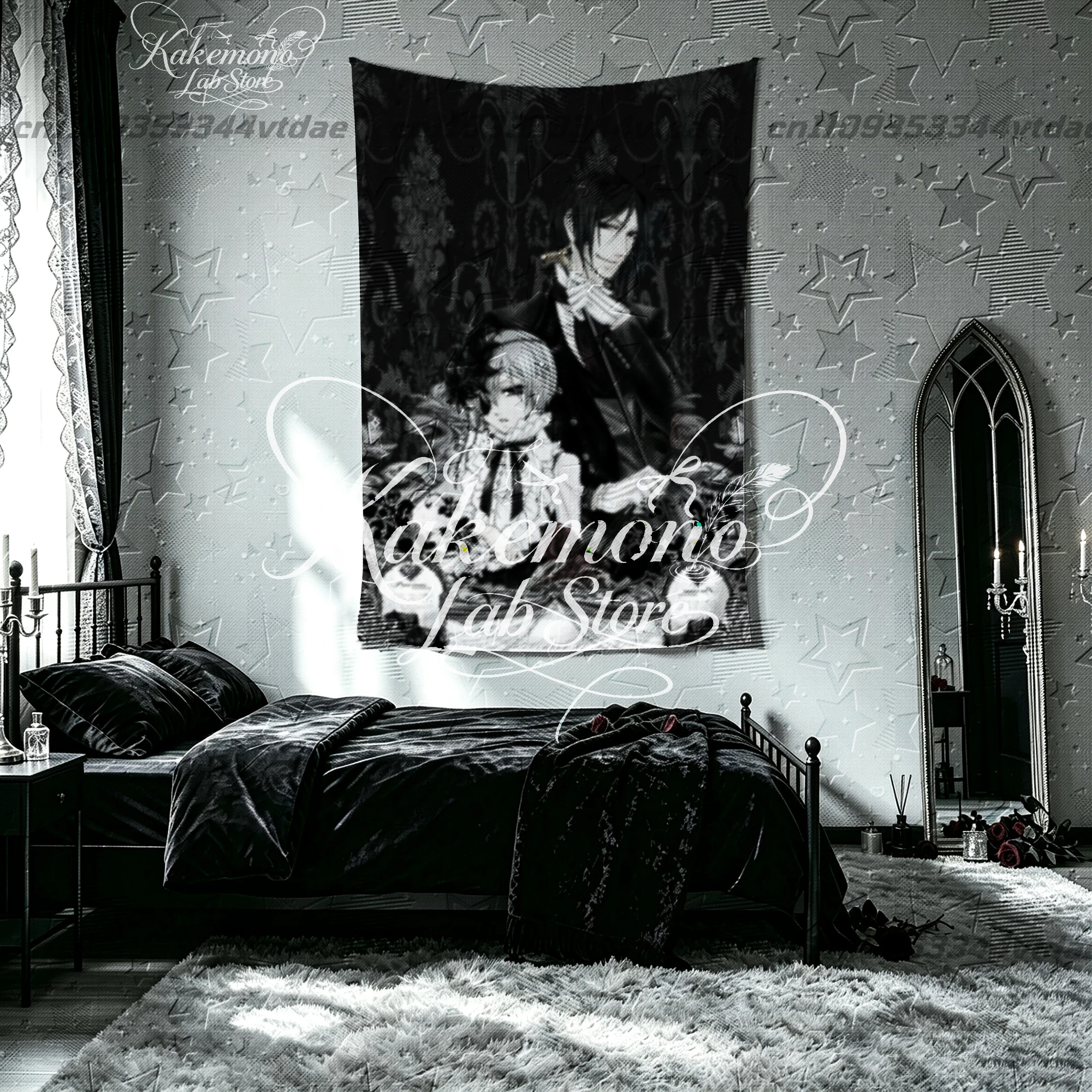 Black Butler Ciel Sebastian Tapestry, Vintage Black Gothic Rose Anime Wall Hanging for Teen Bedroom Aesthetic Dorm Room Home
