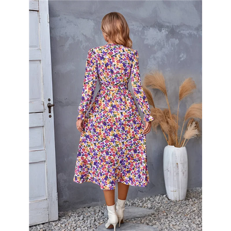 فستان نسائي صيفي بوهو ماكسي مزين بالزهور وأكمام طويلة ورقبة على شكل V وكشكش على شكل حرف a فساتين طويلة لحفلات الزفاف