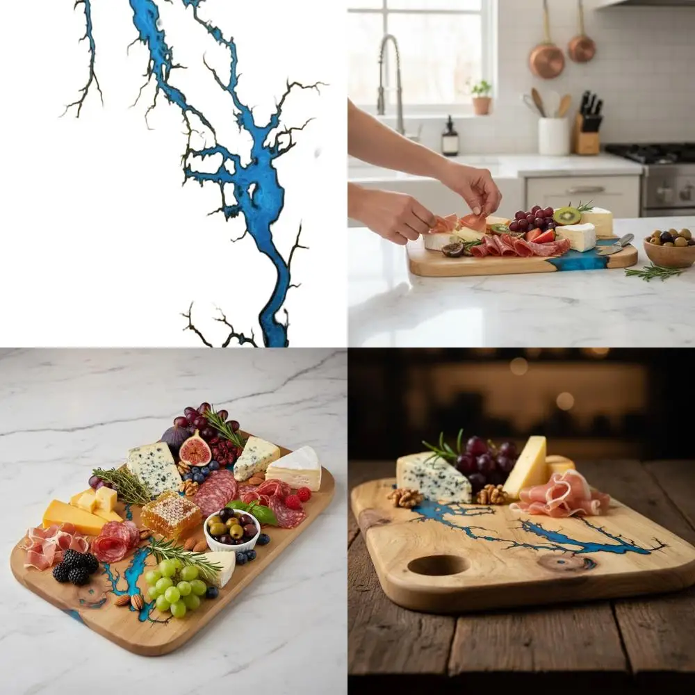 

Handcrafted 16x10.5 Blue Acacia Charcuterie Board with Fractal Burn Lightning Design