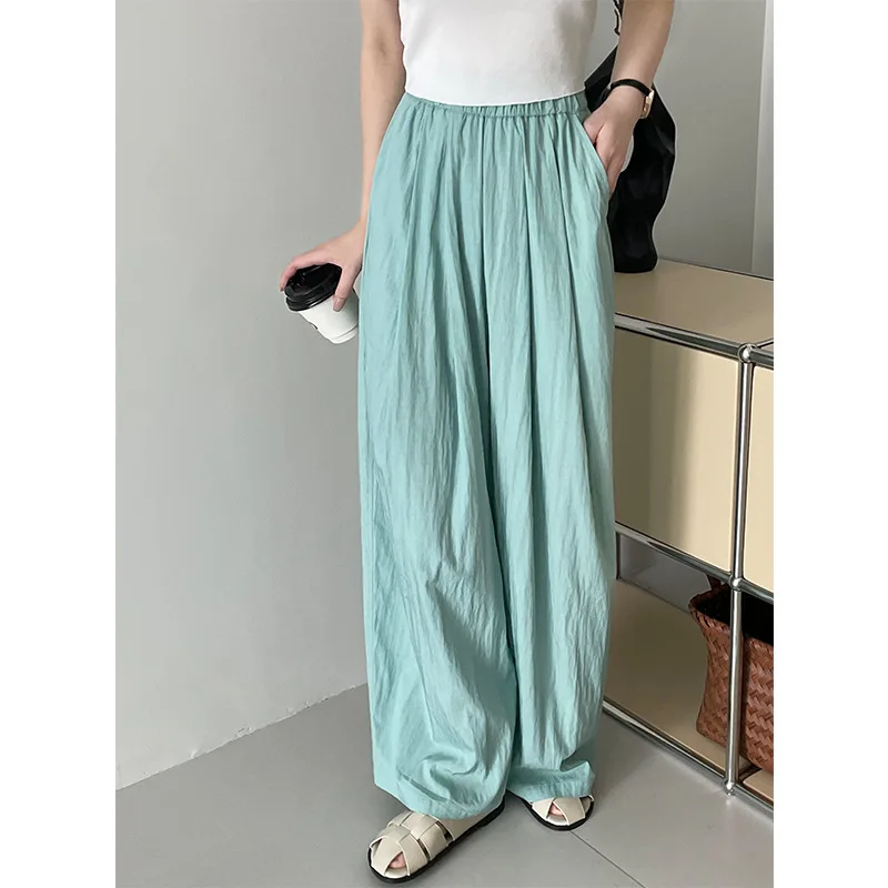 2024 Women High Waist Summer Comfortable Material Stretch Waist Stright Pants Loose Style Blue Long Pants Women Trousers