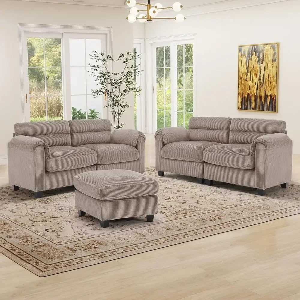 Corduroy Soa Set, Upholstered Ottoman, Loveseat Set o 2with Plush Cushions and Rolled Arms, ern Living Room urniture Sets,Brown