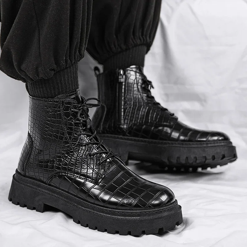 

Retro Crocodile Pattern Men's Leather Boots British Style Round Toe Ankle Boots For Man Comfy Non-slip Platform Man Casual Boots