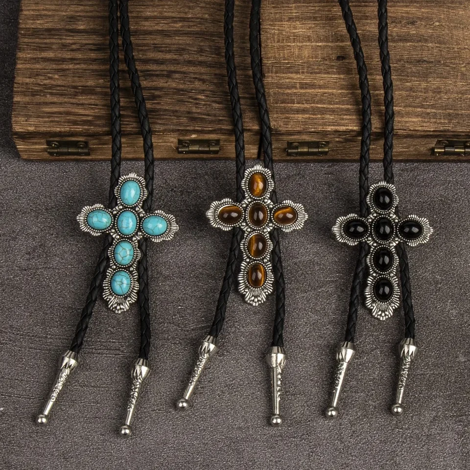 Retro Punk Denim Bolo Tie for Men Fashion Necktie Cross Turquoise Sweater Chain Alloy Necktie Accessory Casual Jewelry
