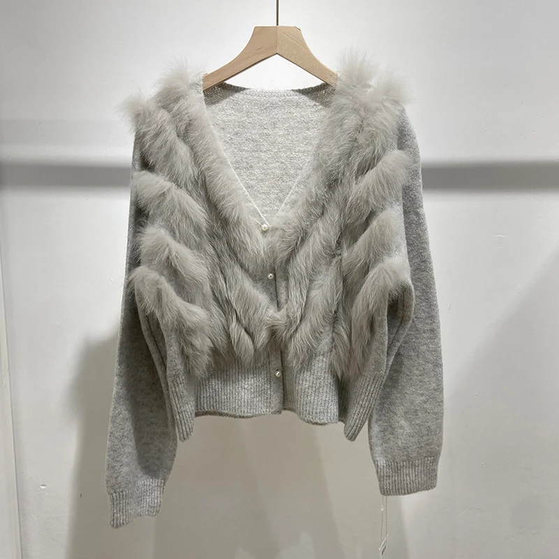 Women Autumn Real Fox Fur Knitted Coat Lady's Spring Grey Button V-Neck Sweater Coat