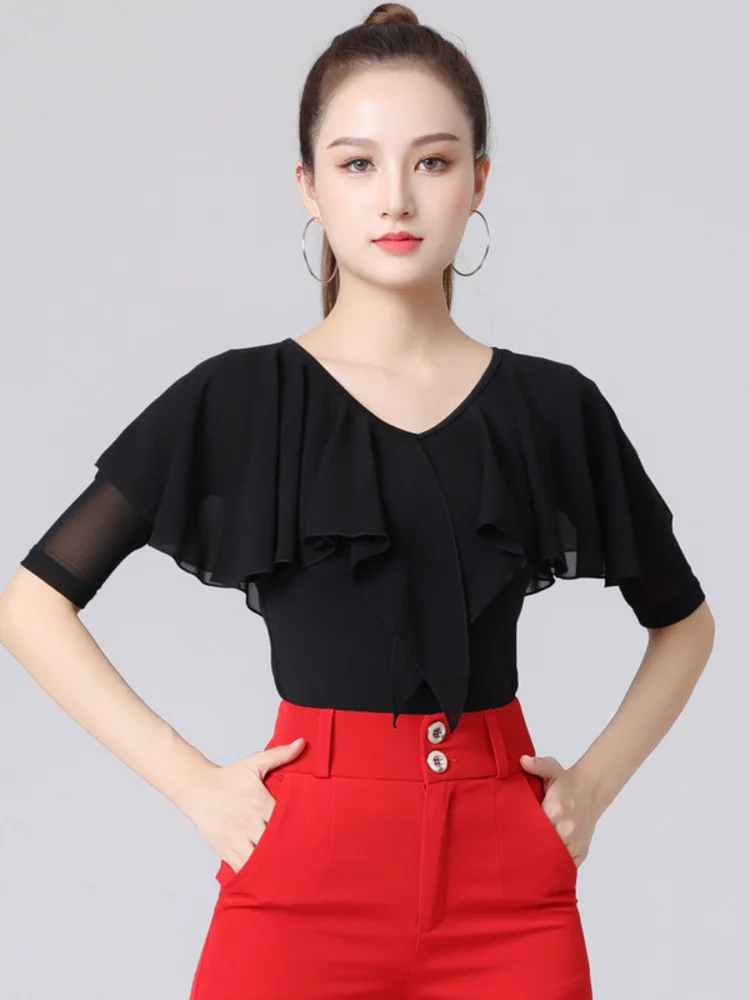 Mesh Latin Dance Practice Clothes Ballroom Competition Tops Solid Color Costume Sports Classical Ruffle Waltz 2024 New T-shirt