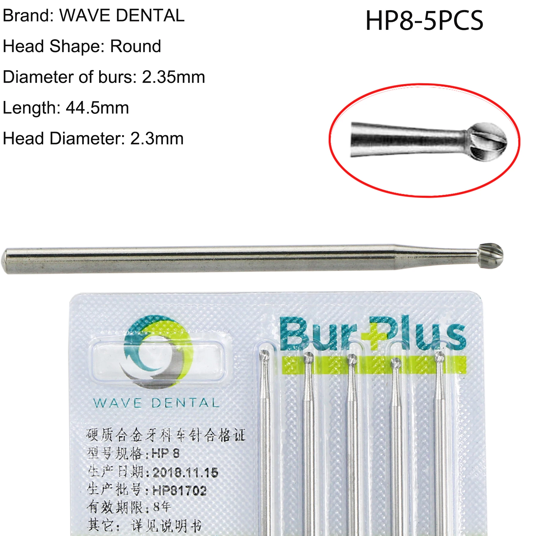 

HP8-5PCS Wave Round Burs Dental Length 44.5mm Long Straight Bur Low Speed
