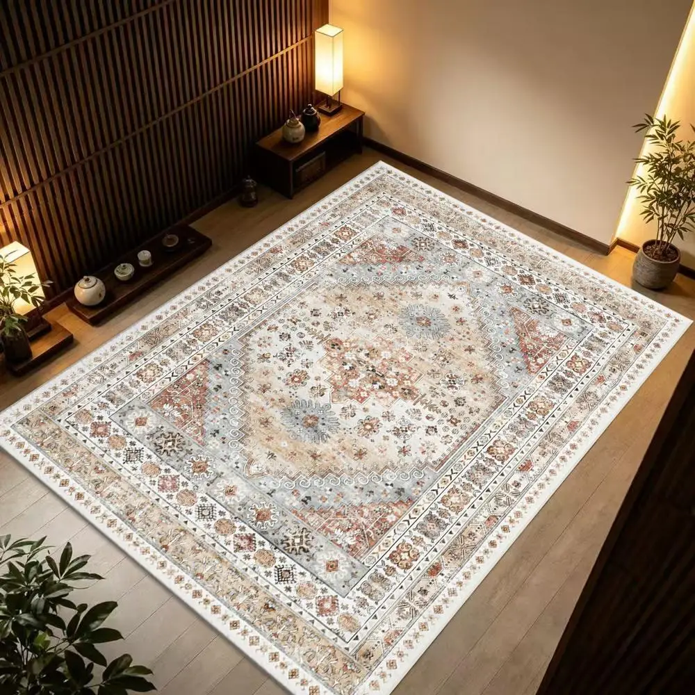Bohemian Style Vintage Medal Pattern Square Carpet, Retro Oriental Style Multi-Border Non-Woven Floor Carpet Suitable for Indoor Home Decoration
