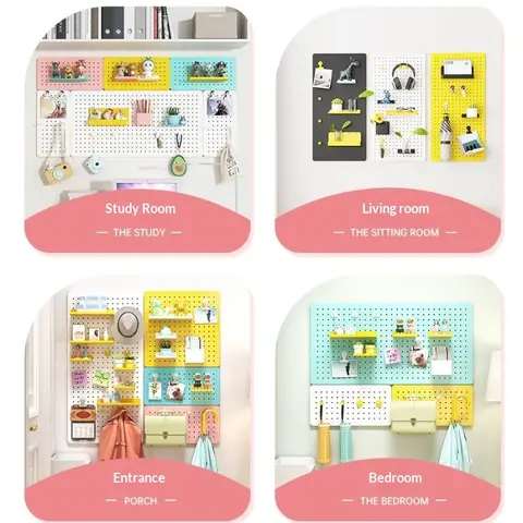No Drill Storage Rack Hooks Shelves Space Saving Metal Pegboard Wall Organizer Entryway Desk Bathroom Kitchen Display Hole Panel