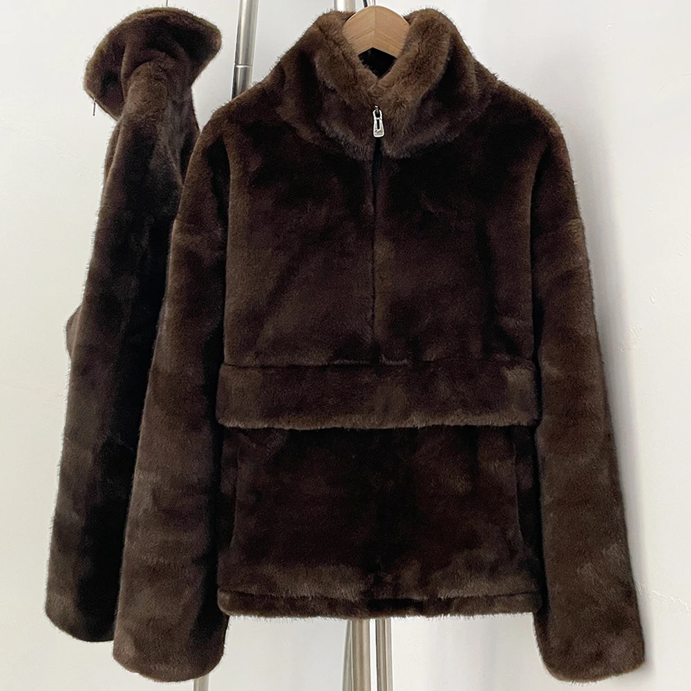 Ladies Quarter‑Zip Faux Fur Pullover Stand Collar Oversized Front Pocket Casual Plush Outer Top