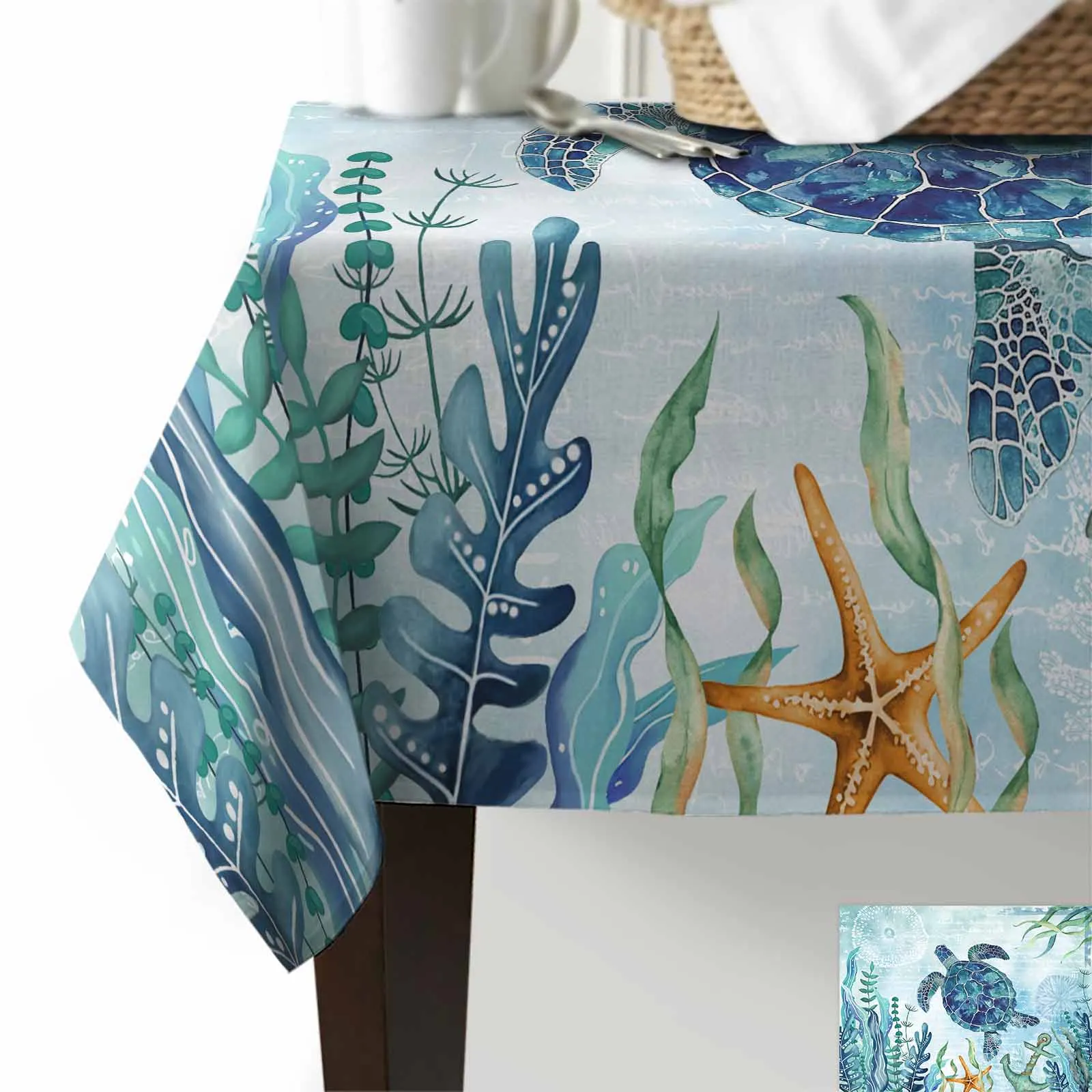 Summer Vintage Ocean Blue Turtle Starfish Anchor Anti-scalding Waterproof Tablecloth Rectangular Round Table Cover Furnishings