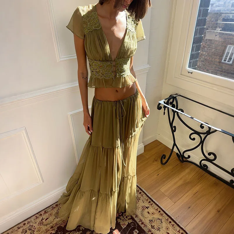 

Fashion Mesh Hight Waist Solid Vacation Outfits Casual Short Sleeve Women Party Suit Elegant V-neck Top & Long Skirt Summer Set