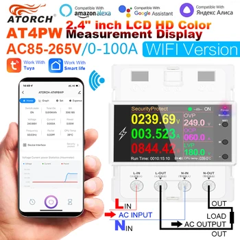 AT4PW 100A Tuya WIFI Din Rail สมาร์ทรีโมทคอนโทรล AC 220V 110V ดิจิตอลพลังงานโวลต์ Amp Kwh ความถี่ factor Meter