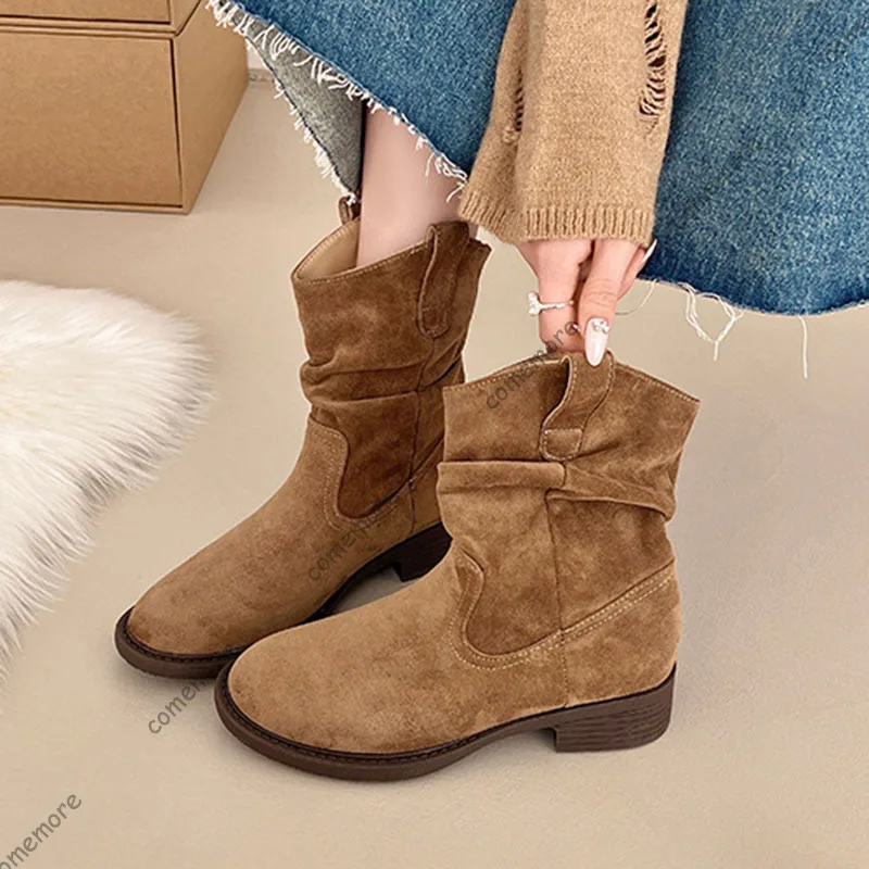 Comemore 2025 New Autumn Winter Stacked Boots for Women Retro Suede Round Toe Short Botas Chunky Middled Heeled Ladies Shoes