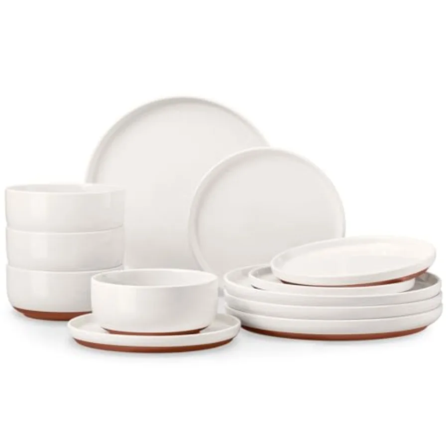 

12-Piece Stoneware Dinnerware Sets Plates and Bowls Sets for 4 Ceramic Dishware Dishes Set with Terracotta Base Chip and Scratc