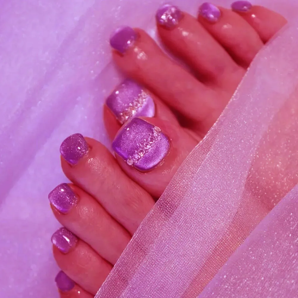 96 個のグリッターキャットアイプレスオンフットネイルピンク/レッド/ローズ/パープルスクエアフェイクトゥネイルフルカバー再利用可能な偽フットネイル用品 *