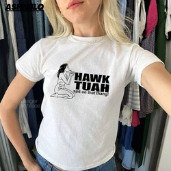 Sexy Y2k Crop Tops Hawk Tuah 24 Spit On That Thang Mange Funny Cropped Tee Shirt Women Vintage Fashion Tshirt 90s T-shirt Female