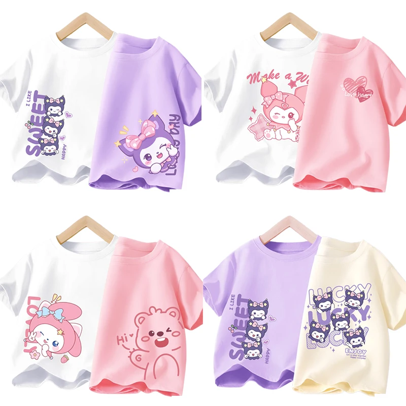 

Kawaii Sanrios Anime Kuromi Kids T-Shirt Cartoon Summer My Melody Loose Leisure Round Neck Versatile Short Sleeved Girl Gift