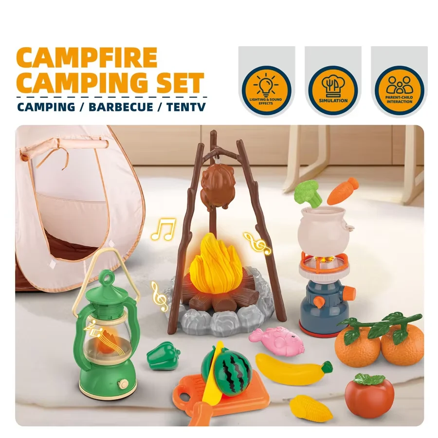 Outdoor Camping Tent Set Barbecue Fire Piles Torches Miniature Food Model Interactive Game Indoor Role-Play Toy Kid BirthdayGift
