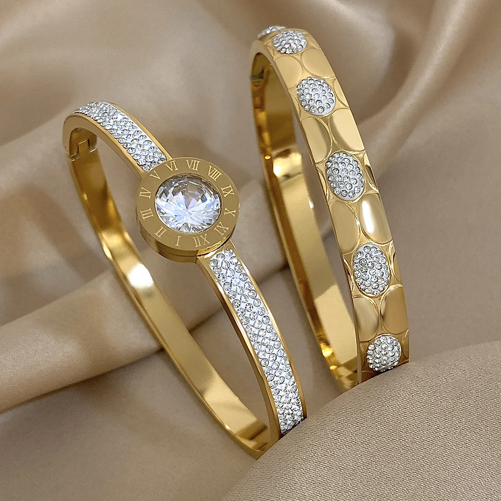 

Freetry Classic Round Zircon Inlaid Stainless Steel Bracelet for Women Waterproof Stackable Cuff Bracelet Charming Jewelry Gift