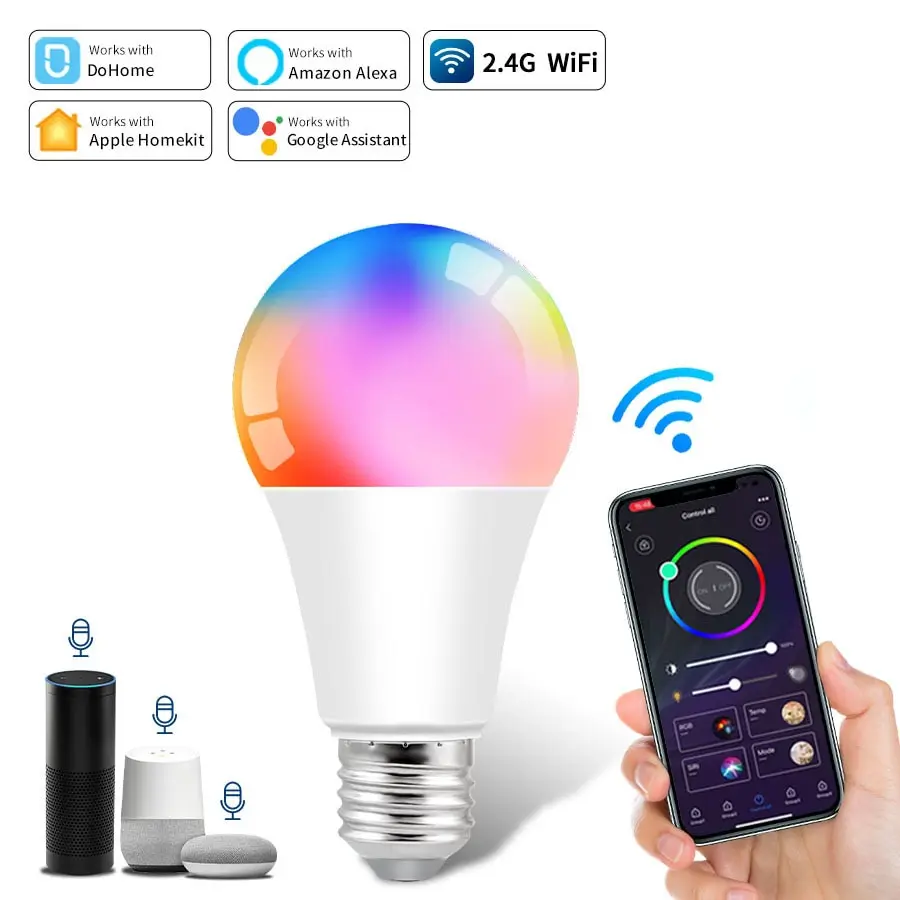 Bombilla Led inteligente E27 para el hogar, bombilla con Wifi, Control por voz, Alexa, 220V, 110V, para Apple, Android, Dohome, Siri, Google Home, función de temporizador, RGB