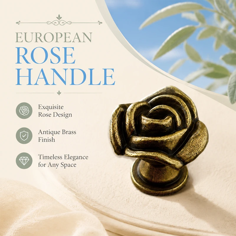 European Style Rose Flower Cabinet Knob Pull Handle for Furniture Wardrobe Drawer Cupboard Door Dresser Nightstand