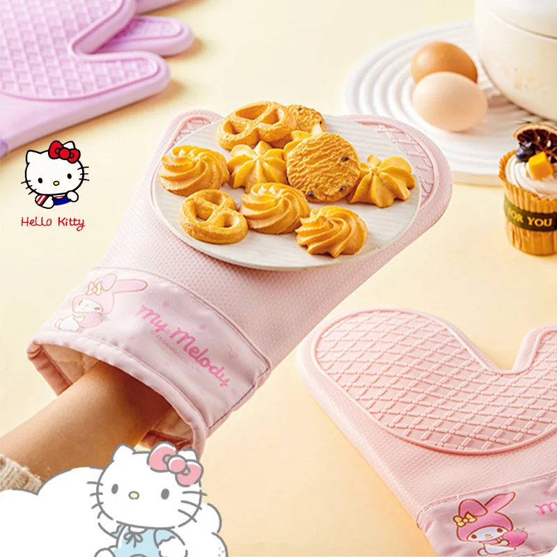 Kitchen Assistant High-Temperature Resistant Sanrio Hello Kitty Baking Gloves My Melody Kuromi Cartoon Silicone Thickened Gloves