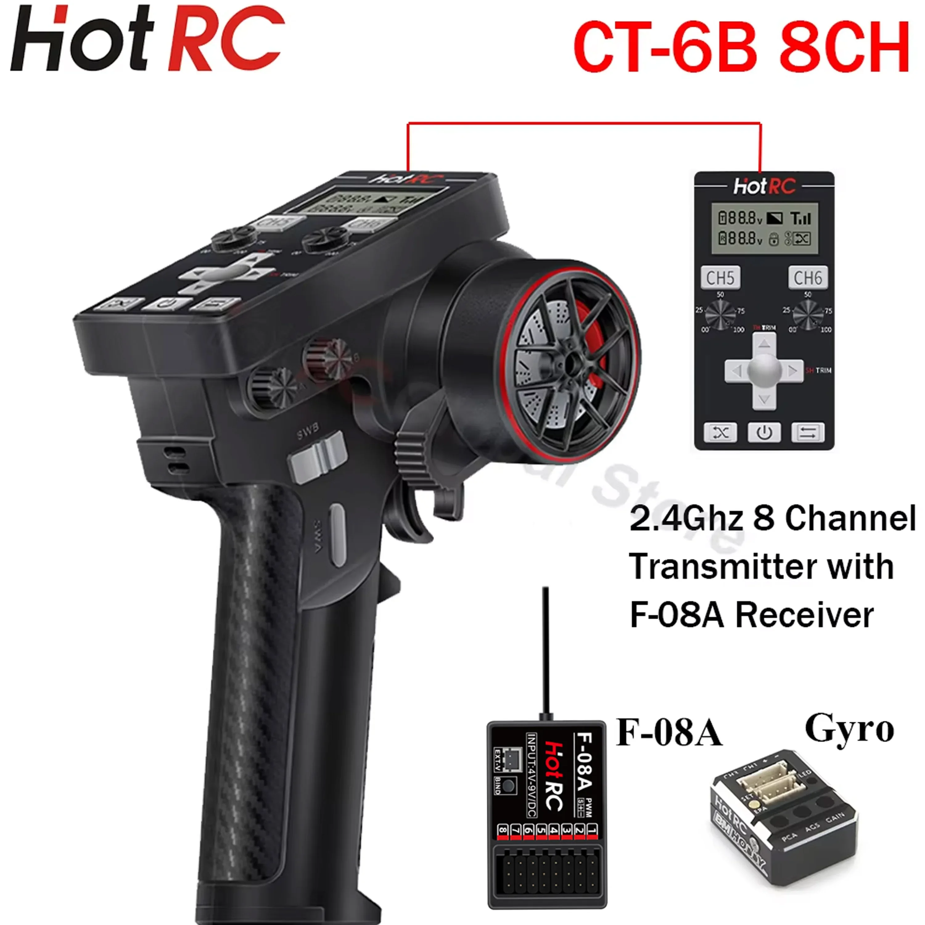 HOTRC CT-6B 8CH 8 Channel 2.4Ghz One-Hand Operation Remote Control Transmitter and F-08A PWM Receiver Gyro for RC Car Boat Tank