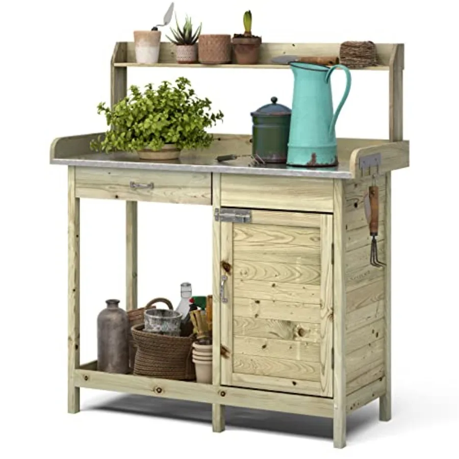 Outdoor Potting Bench with Stainless Steel Tabletop, Wooden Garden Workstation with Storage Shelves for Planting, Repotting and